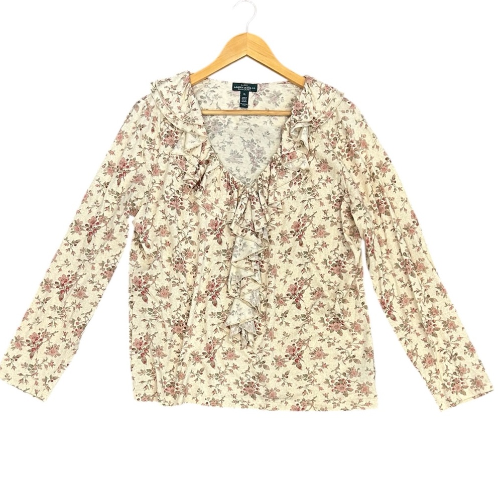Lauren Ralph Lauren Cream Floral Ruffled V-neck Long Sleeve Blouse Cotton XL